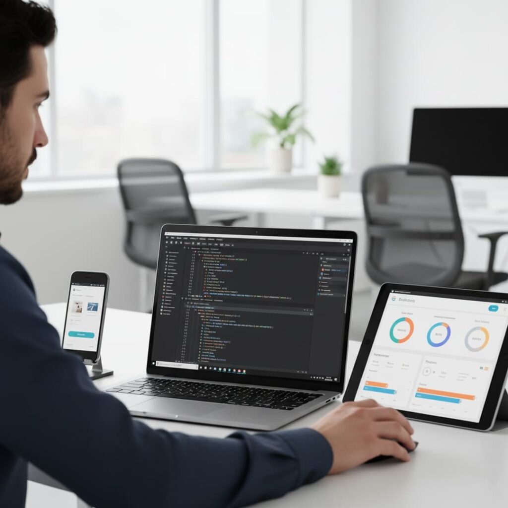 Android developer testing a business mobile app on smartphone and tablet in an office setting.