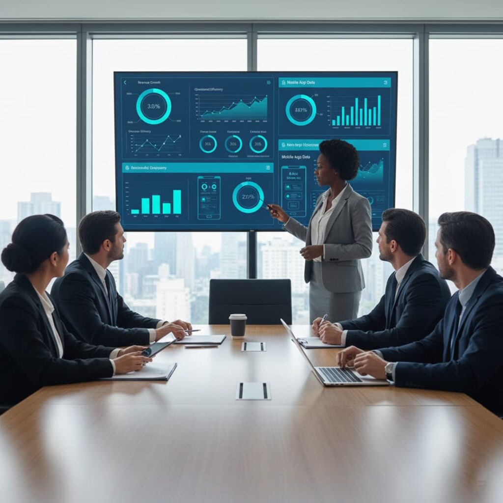 Enterprise manager presenting a real-time dashboard for a mobile app to executives in a meeting room.