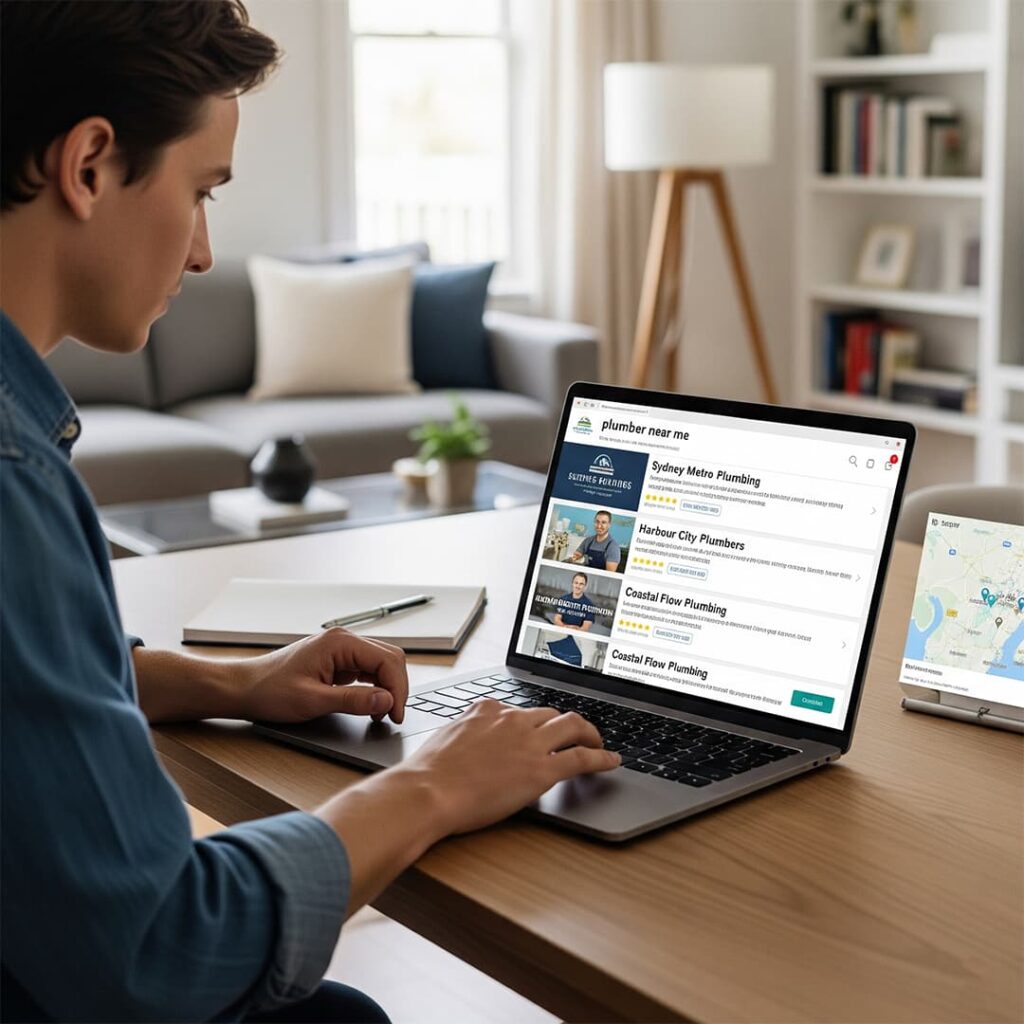 Local Google search on laptop showing Sydney plumber ranking in map pack results