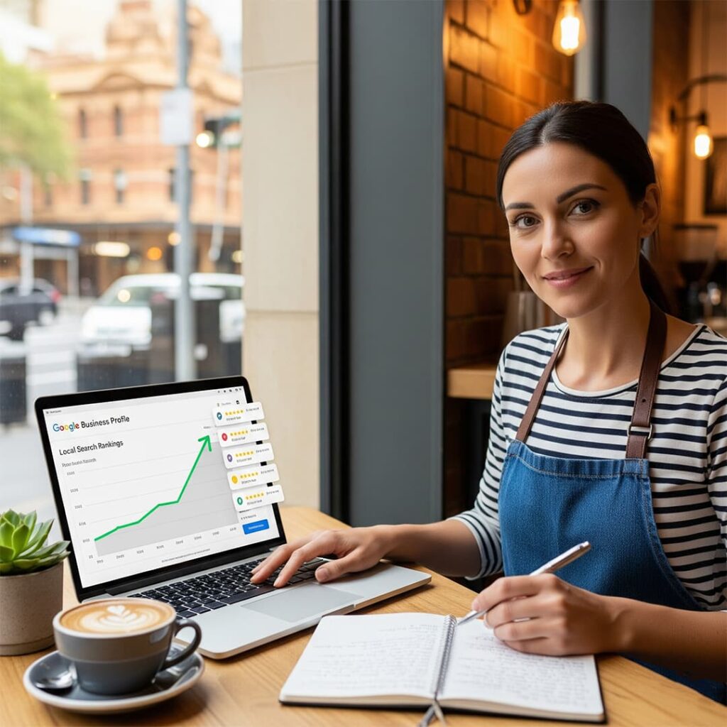 Small café owner in Sydney reviewing Google ranking improvements from affordable SEO services.
