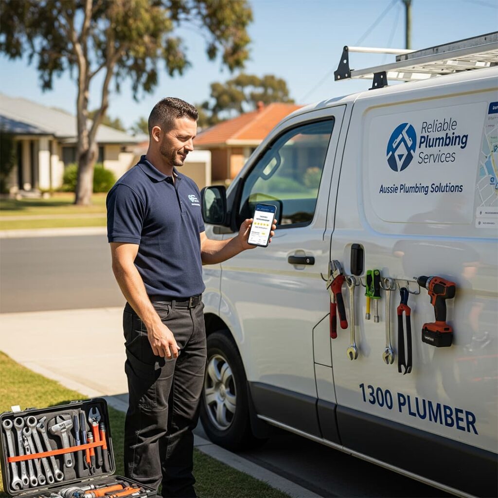 Australian plumber checking Google Business Profile rankings on phone near his work van.